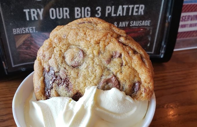 Bowl of ice cream with warm chocolate chip cookie at Gatlin's BBQ