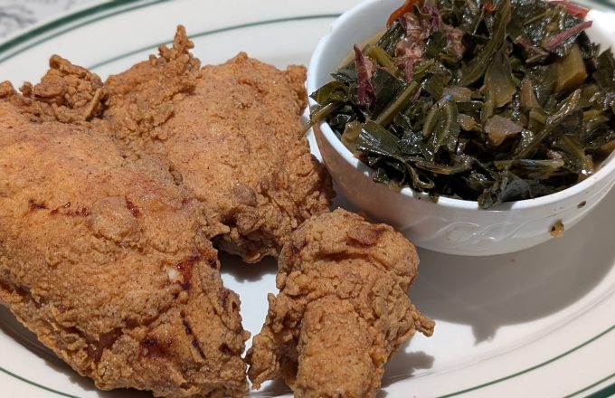 Fried chicken with collard greens at Gatlin's Fins and Feathers