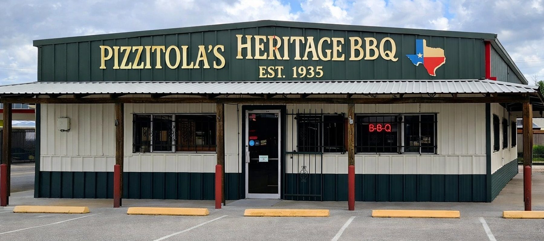 Exterior of Pizzitola's Heritage BBQ with Heritage BBQ Est 1935 sign on Shepherd Drive in Houston